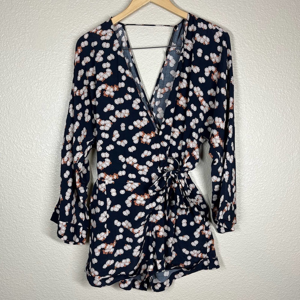 🔴 5 for $25! Zara Romper Kimono Wrap Open Back Long Sleeve Orange/Navy Size XS‎
